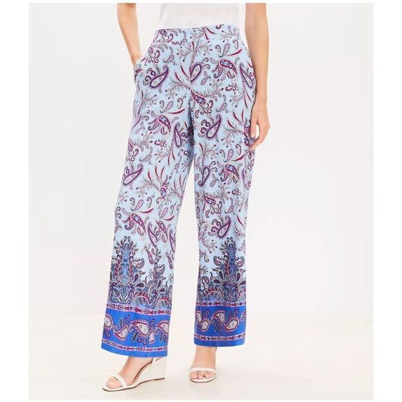 Loft Paisley print linen blend fluid pull on wide leg pants with pockets XS - Picture 1 of 9